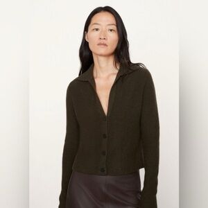 Vince Boiled Cashmere Polo Buttoned Cardigan Sweater in Olive
